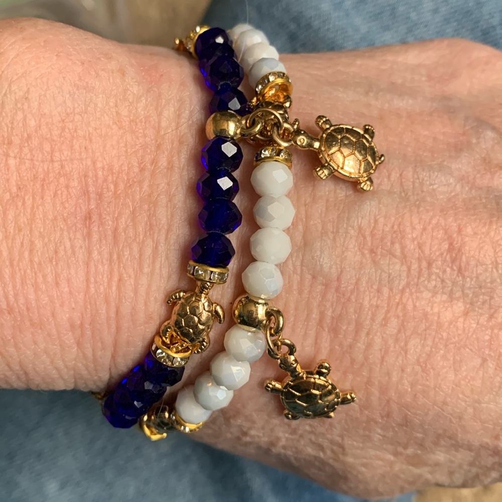 Turtle Charm Bracelet set of 2 White and Blue Beaded Gold Turtle Charm Bracelets
